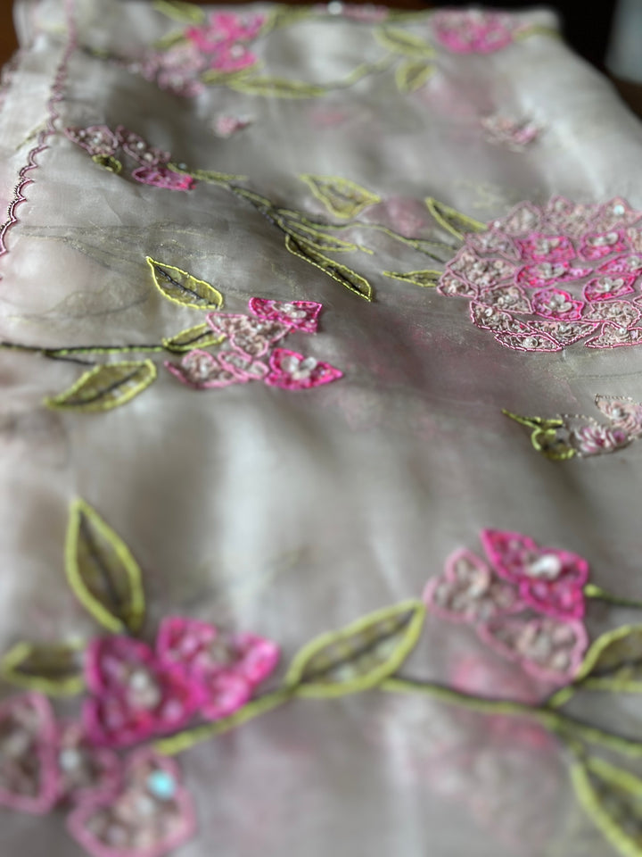 Ivory Hydrangea Saree