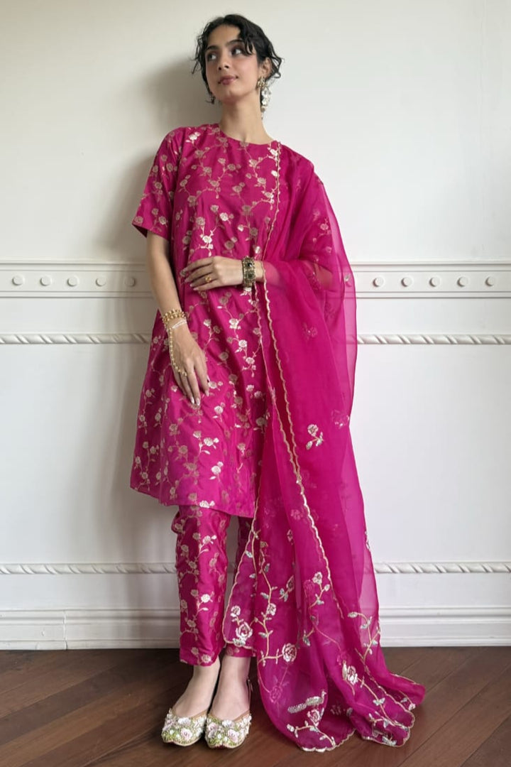 Pink Rose Brocade Kurta Set (Ready To Ship)