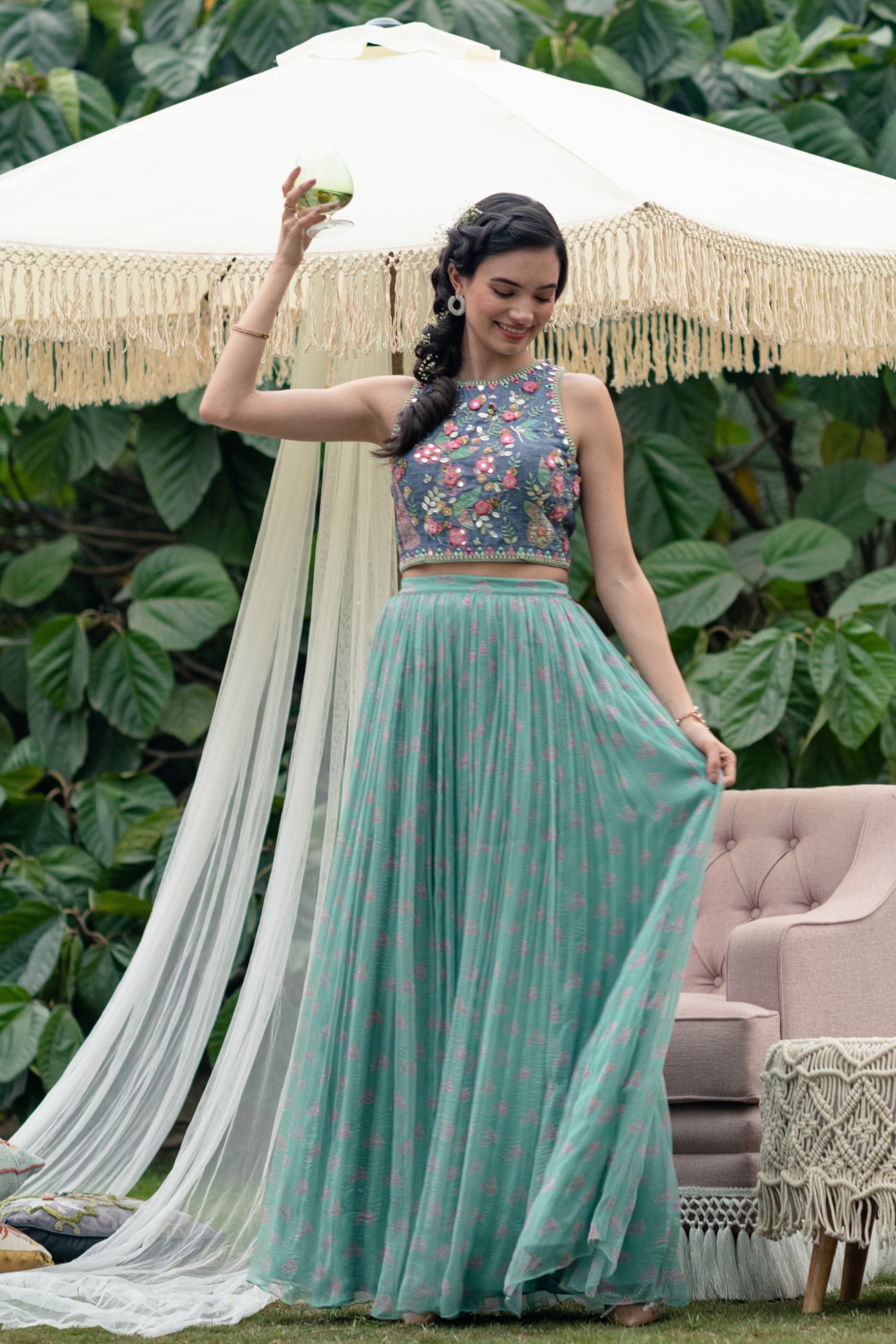 Blue Magic Top With Green Skirt Set XS