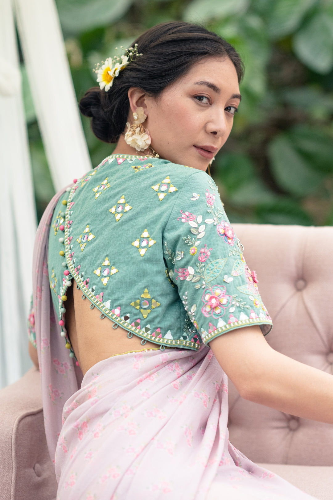 Pink Rainbow Saree With Green Magic Top With Sleeves