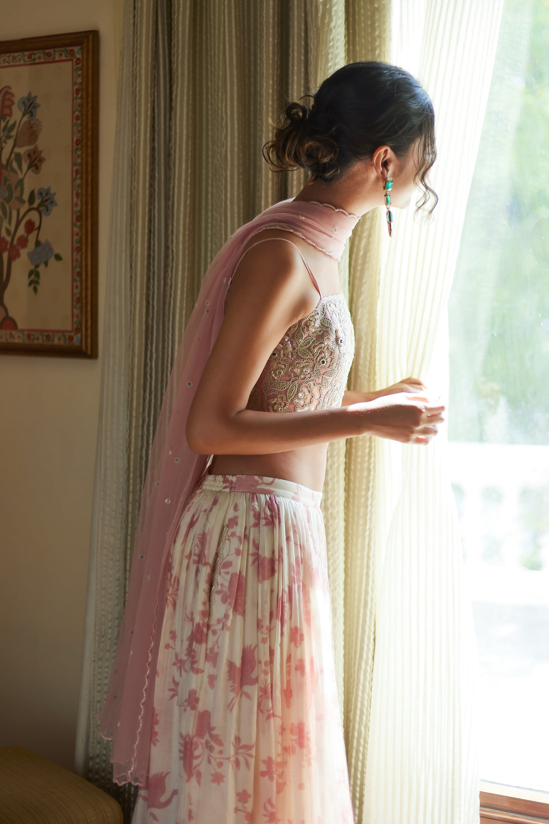 Pink Crane Printed Skirt Set