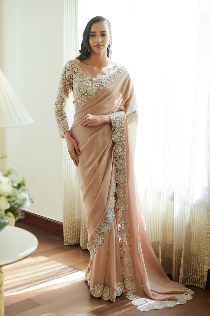 Fall Pink Garden Party Full Sleeve Blouse Saree