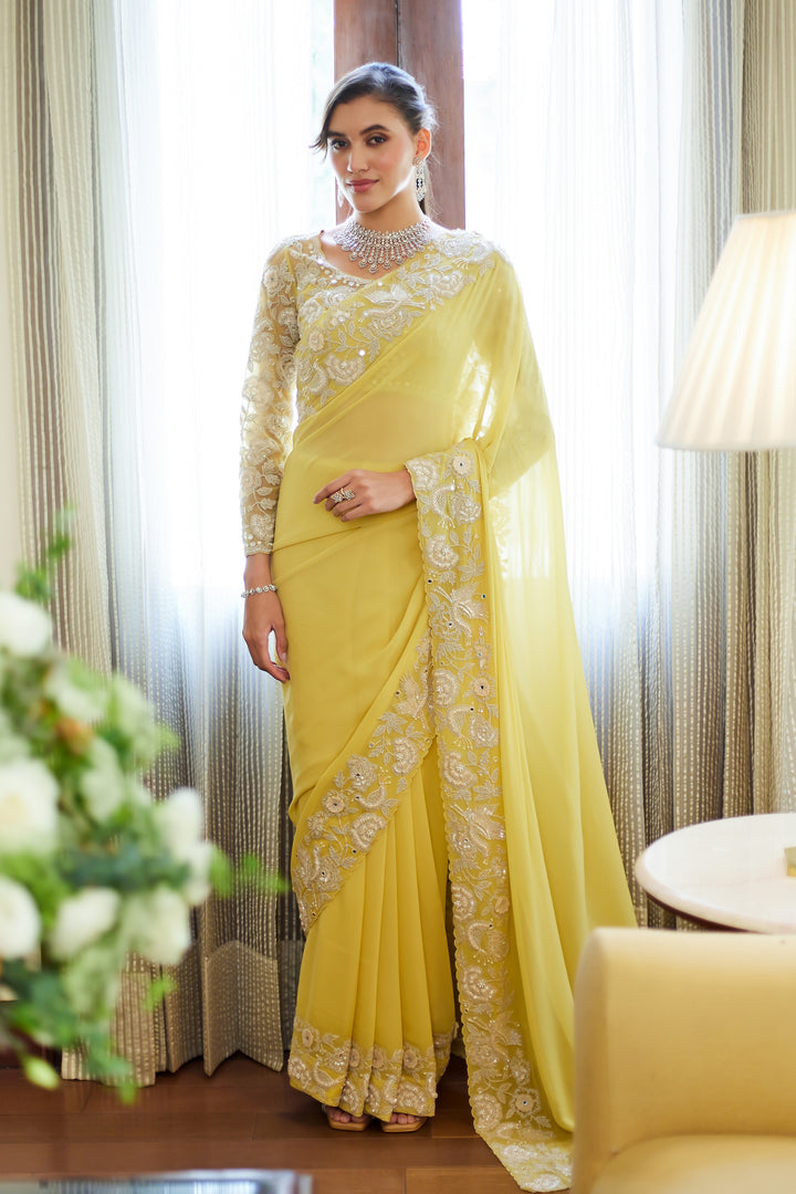 Fall  Yellow Garden Crane Saree