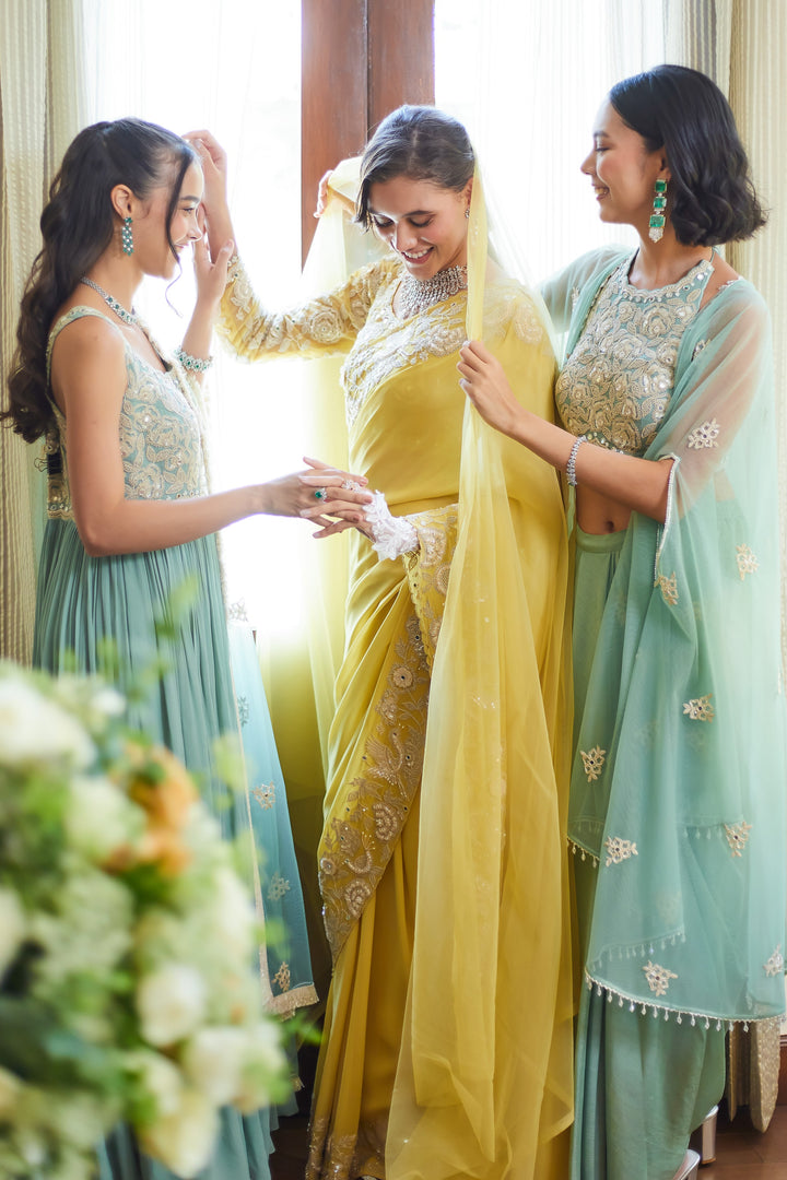 Fall  Yellow Garden Crane Saree