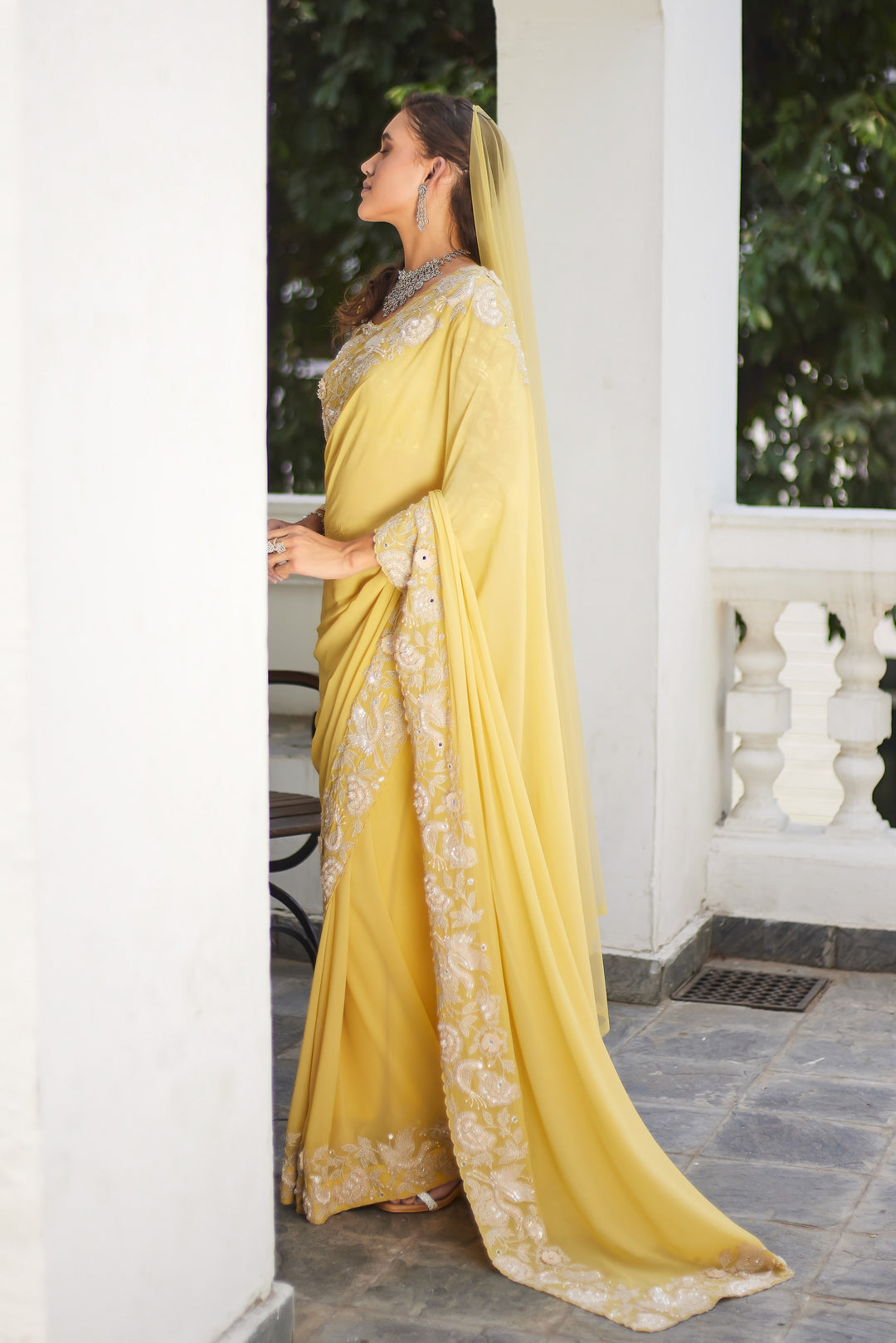 Fall  Yellow Garden Crane Saree