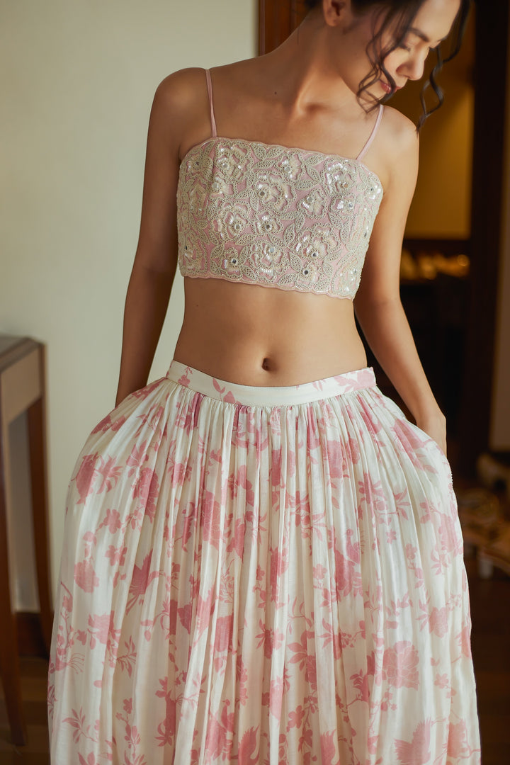 Pink Crane Printed Skirt Set