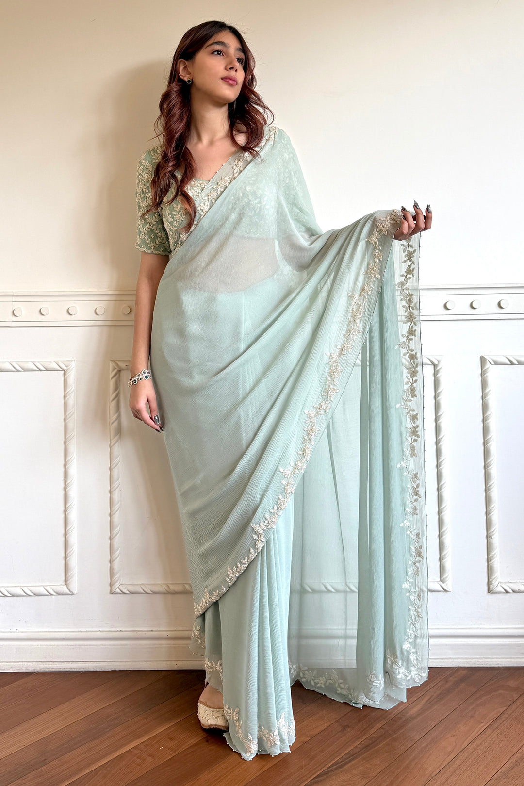 Teal Adena Vine Saree (Ready To Ship)