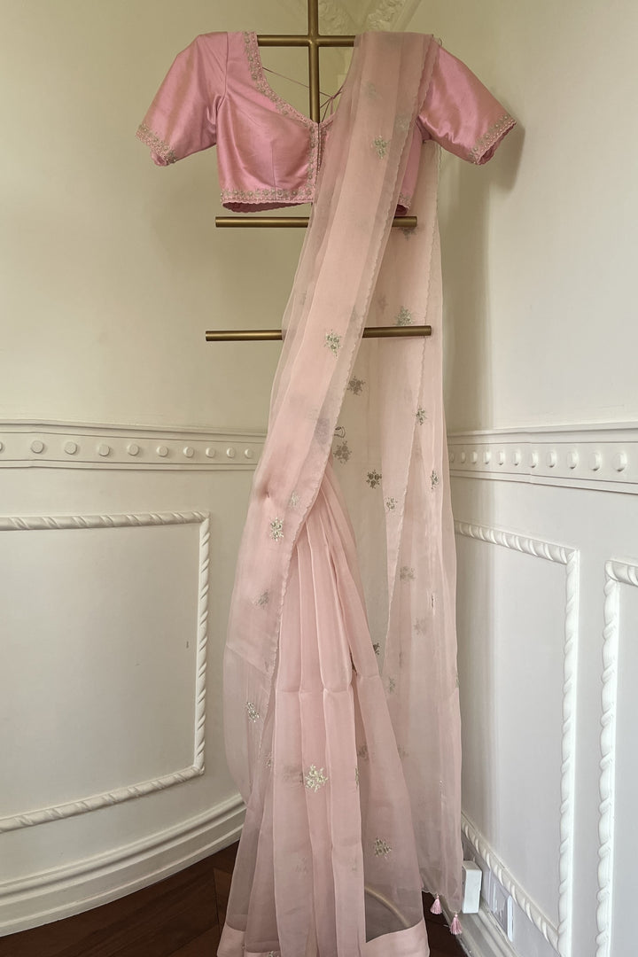 Pink Prim Rose Organza Saree With Zari Blouse (Sale)