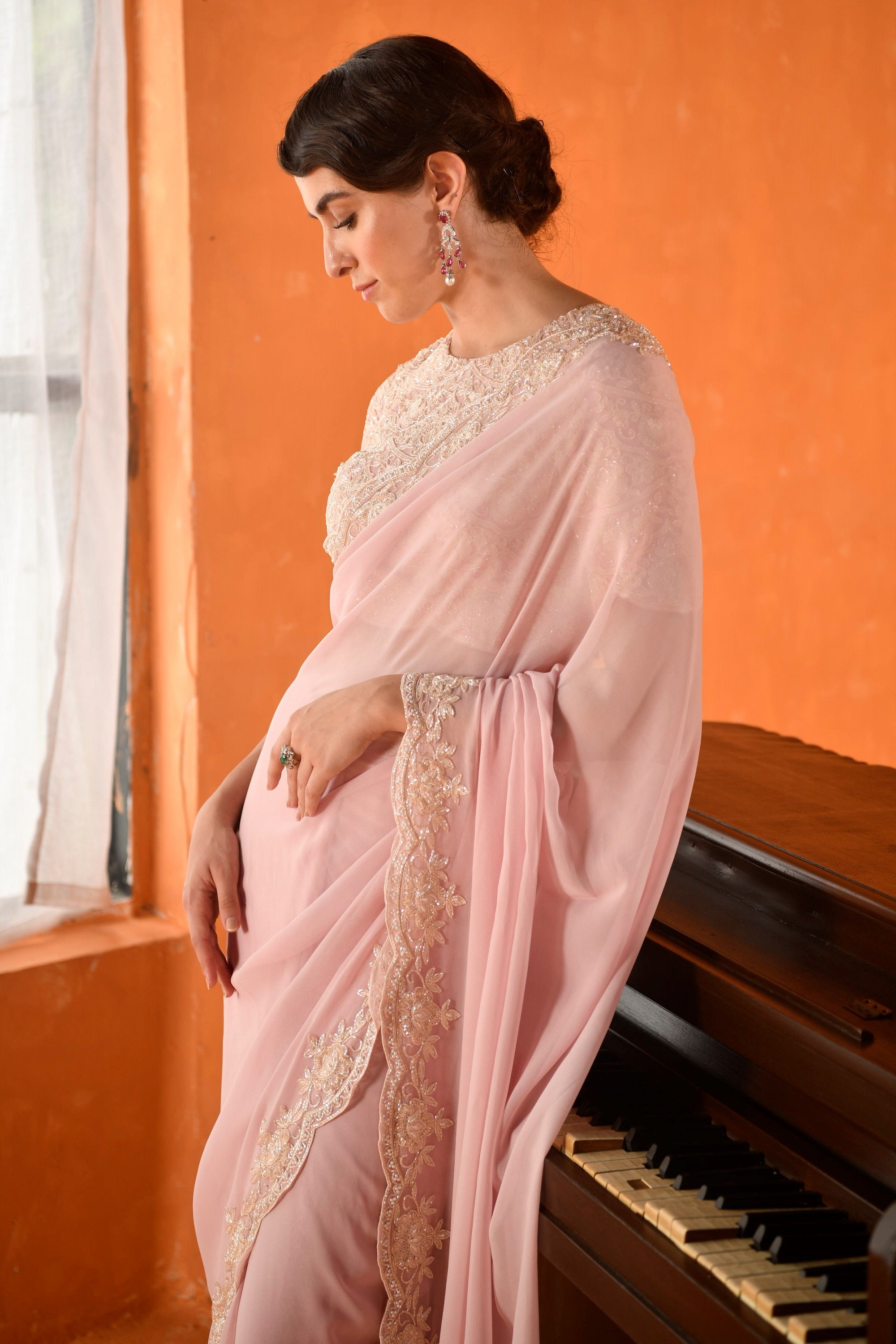 Pink Colour Sequins Work Georgette Saree.