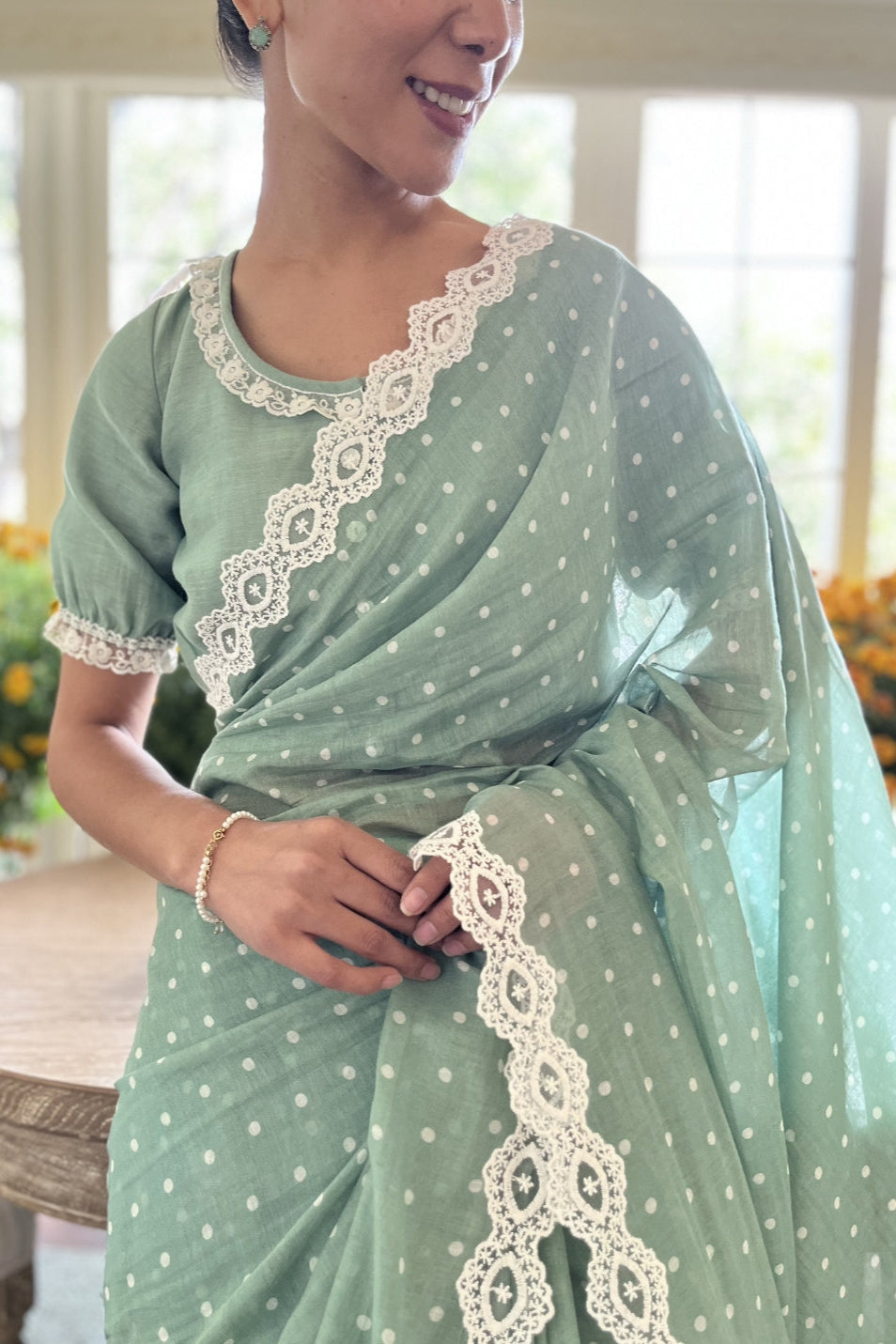 Fall Green Polka Dot Saree