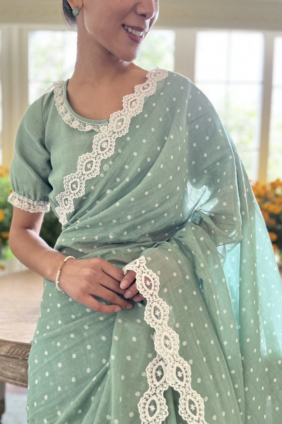 Fall Green Polka Dot Saree (Ready To Ship)