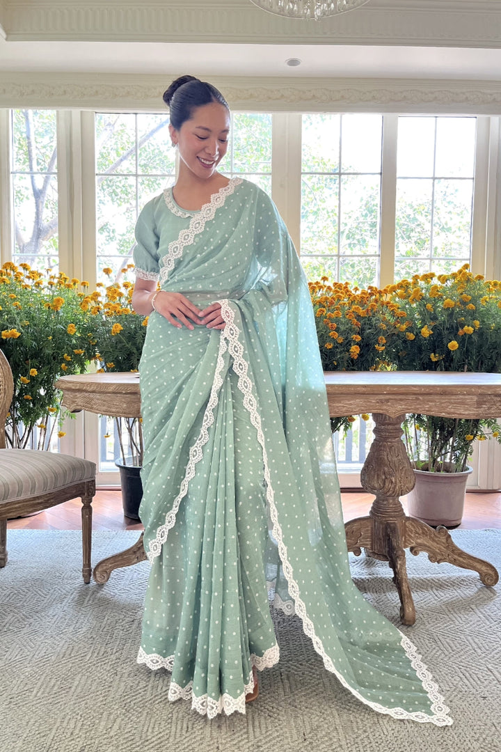 Fall Green Polka Dot Saree (Ready To Ship)