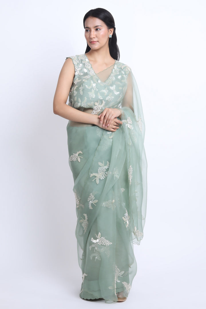 Russian Green Summer Grape Organza Saree with Sequin Embroidered Blouse