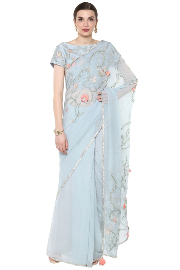 Ice Blue Singing Bird Saree