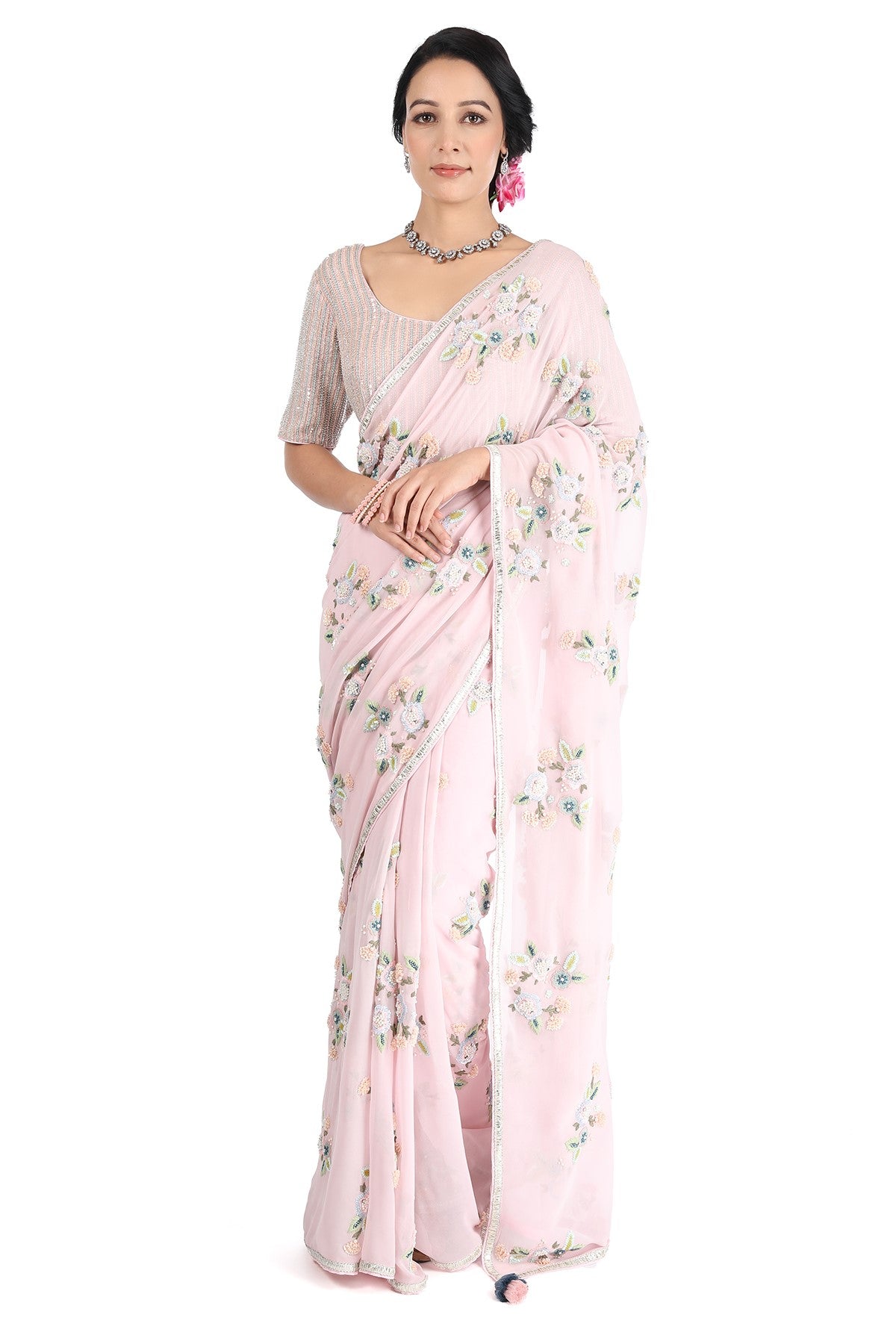 Flower Pitcher white georgette saree