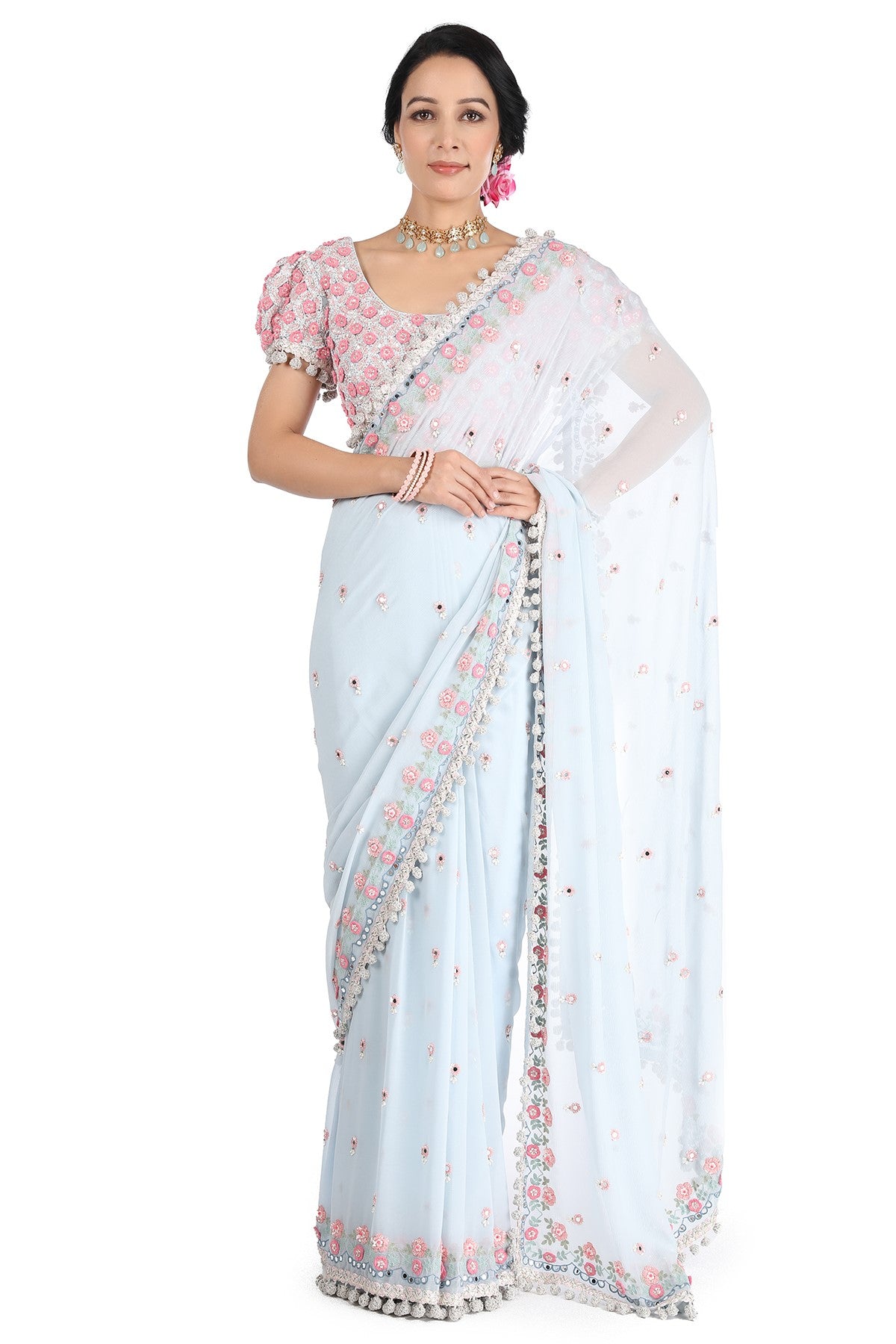 Ice Blue Flower Power Chiffon Saree – Lovesummer