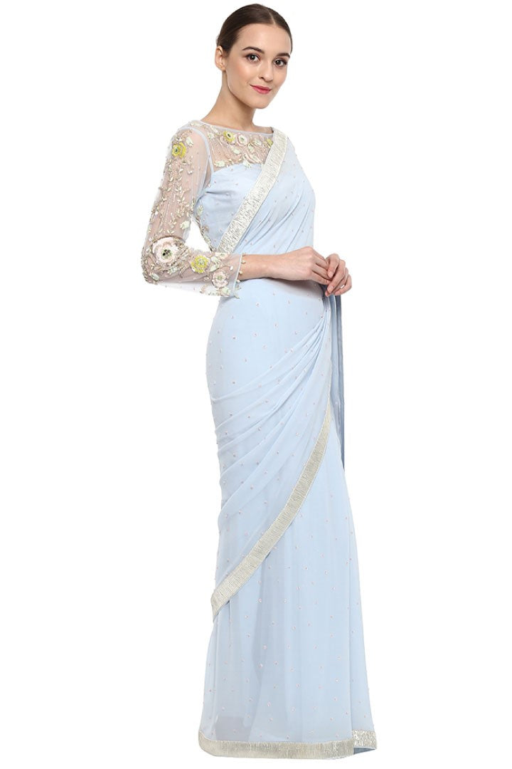 Buy Ice Blue Georgette Saree with Cape by Designer Mala and Kinnary Online  at Ogaan.com