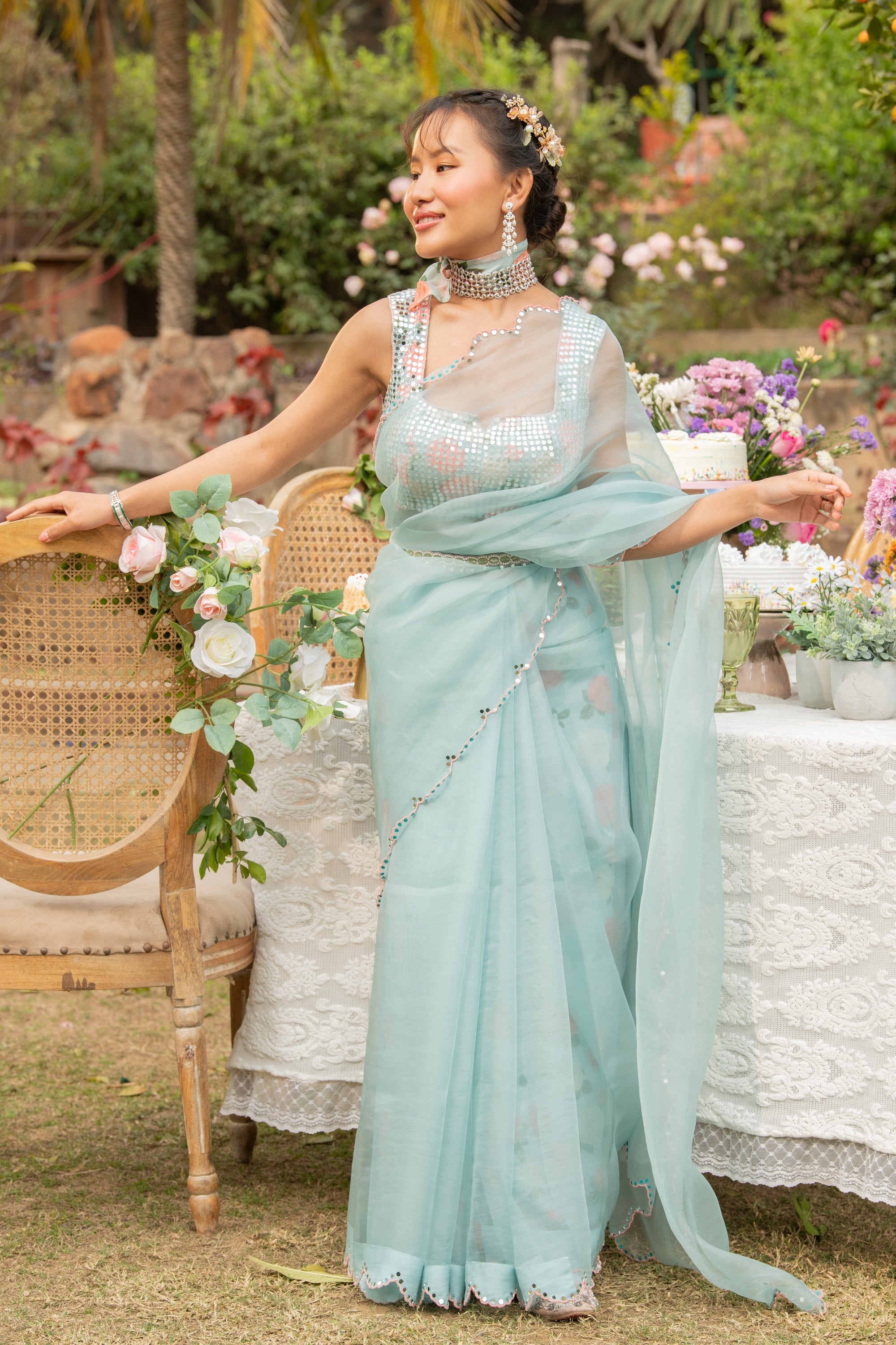 Signature Christian bridal saree in organza with floral hand embroider –  Kavani Bridal Wear