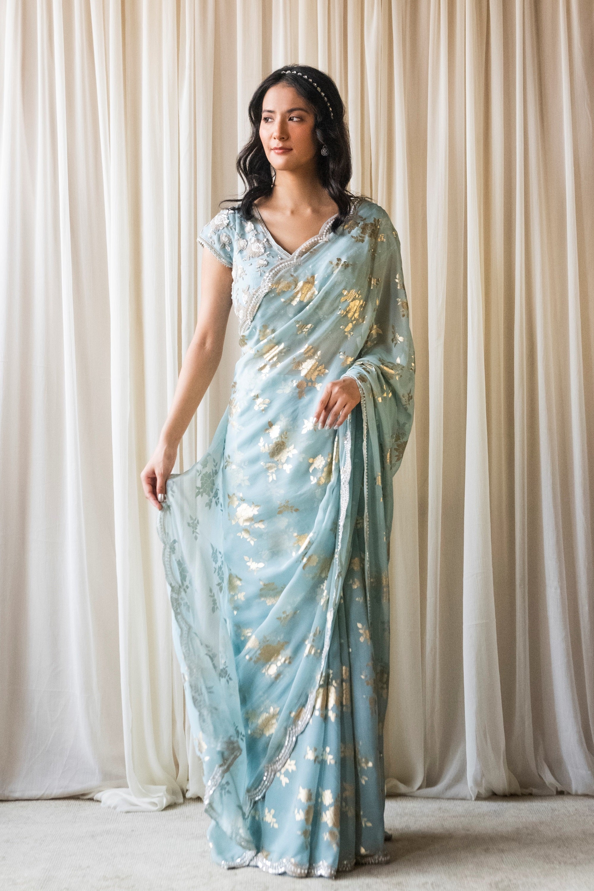 Grey Foil Printed Saree In Satin Silk 5730SR11