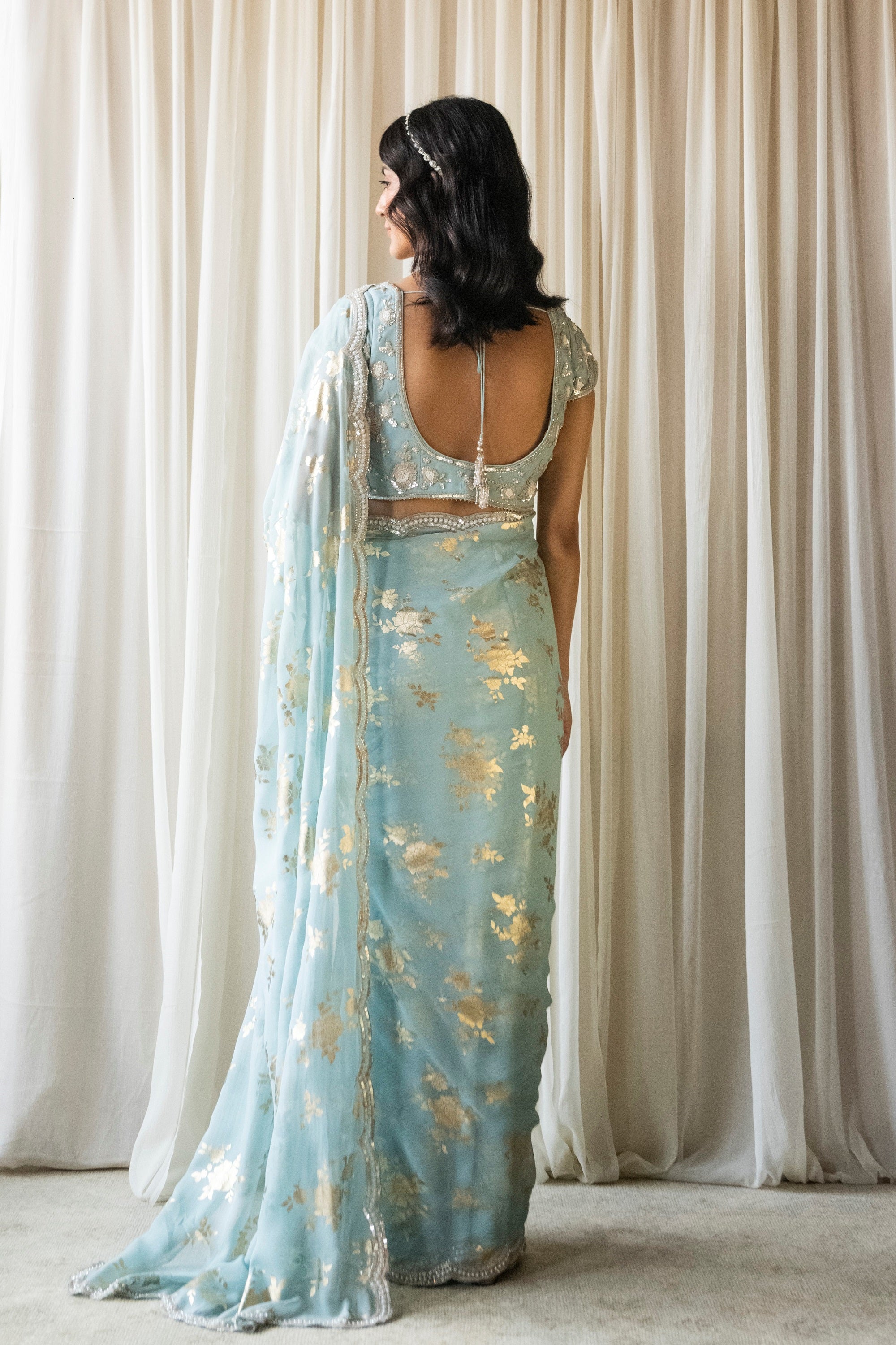 Blue Satin Silk Foil Printed Saree & Blouse 5730SR04