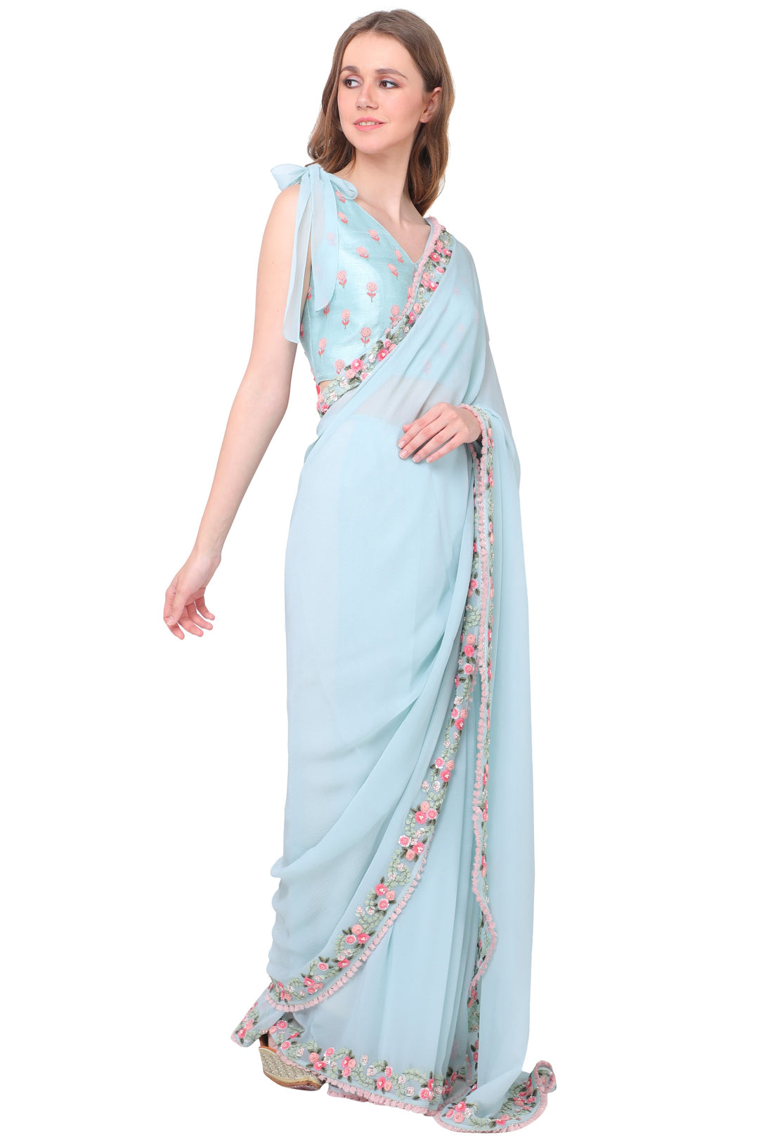 Teal Ribbon Chiffon Saree