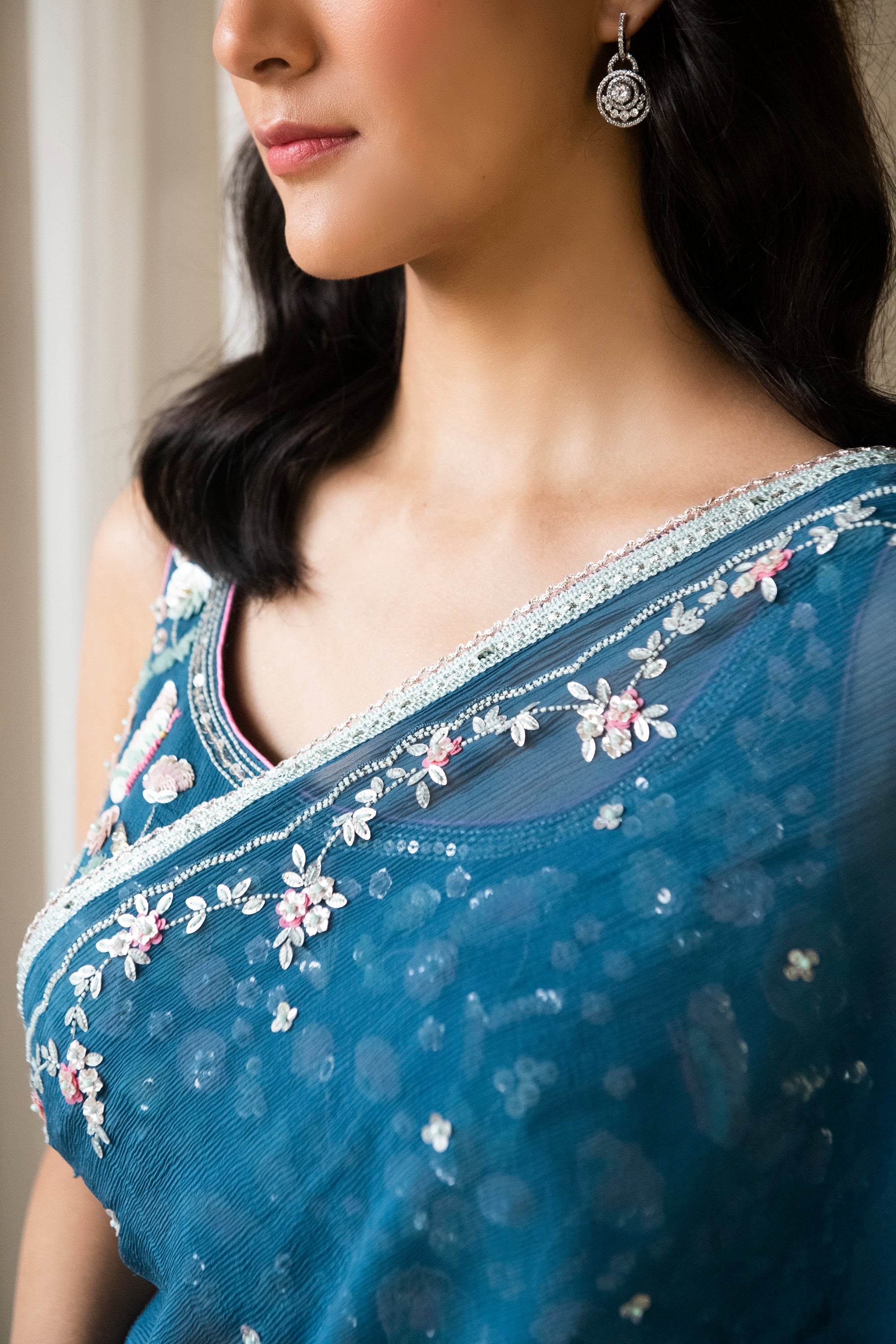 Navy blue printed chiffon saree with blouse - Sourbh Sarees - 3906153