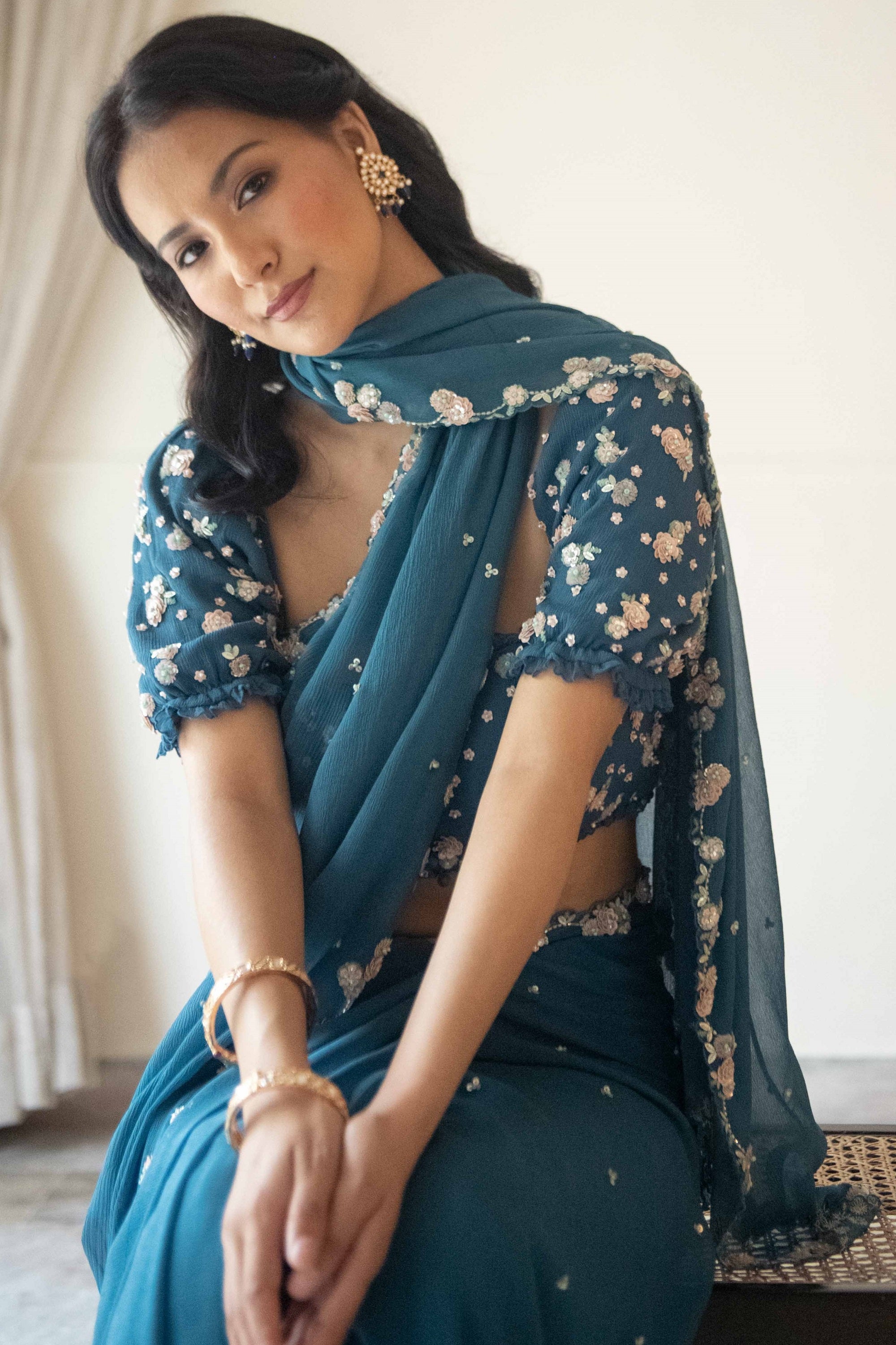 blue sequin scallop chiffon saree hand embroidered blouse