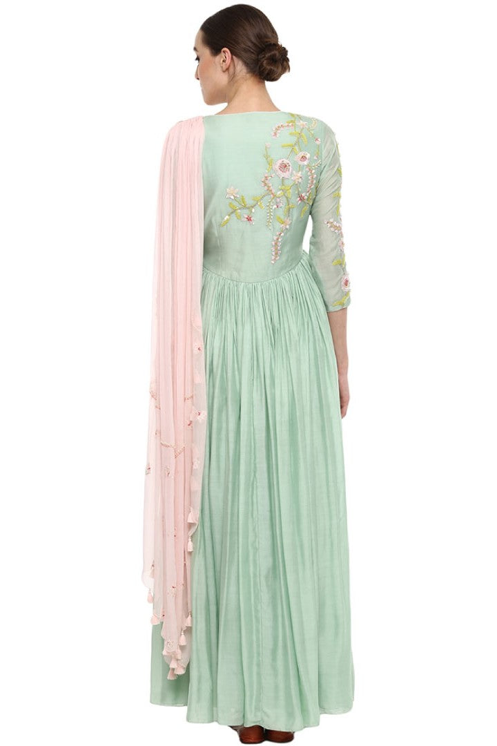 Green Rouched Anarkali modal silk chiffon kurta sets for women back view