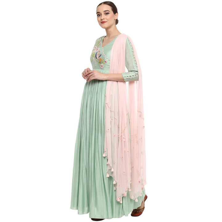 Green Rouched Anarkali modal silk chiffon kurta sets for women