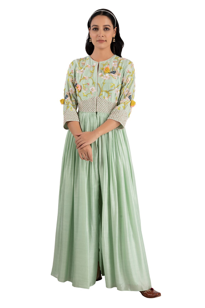 Green Singing Bird Front Open Kurta Set With Pants Modal Silk Fabric for Women