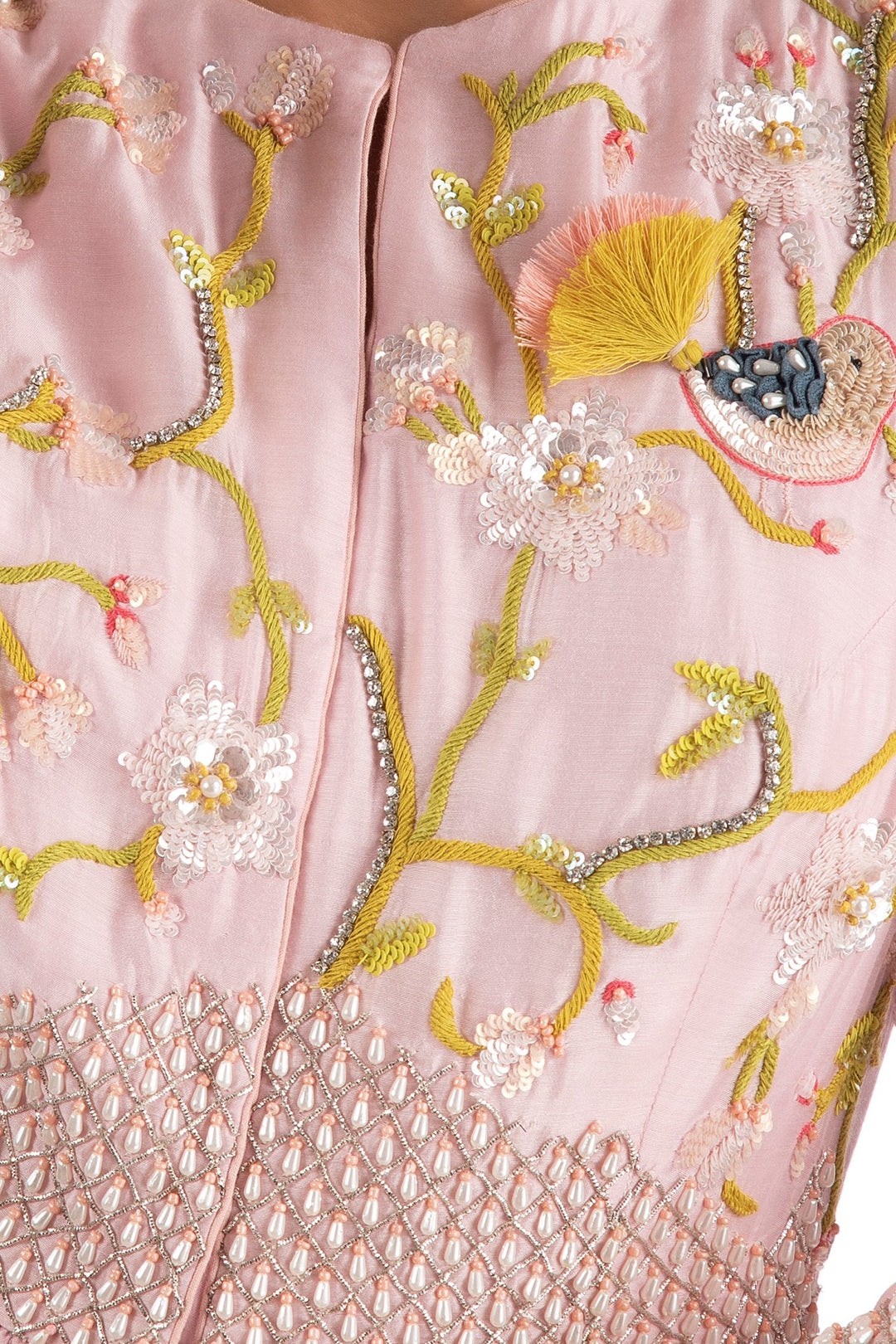 Pink Singing Bird Front Open Kurta Set With Pants Modal Silk Fabric for Women