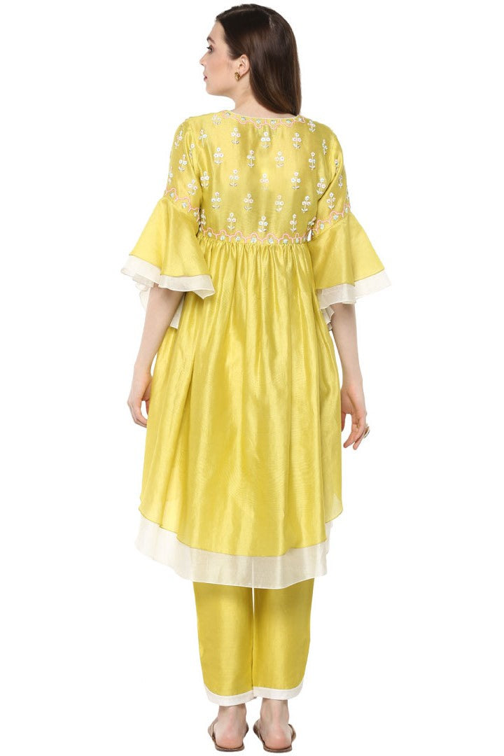 Back View Of Yellow Double Layer Kurta Set For Women In Chanderi Fabric