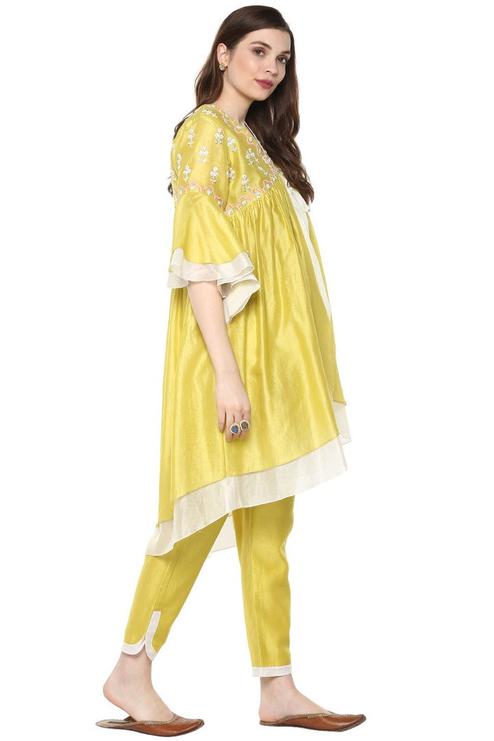 Yellow Double Layer Kurta Set For Women In Chanderi Fabric