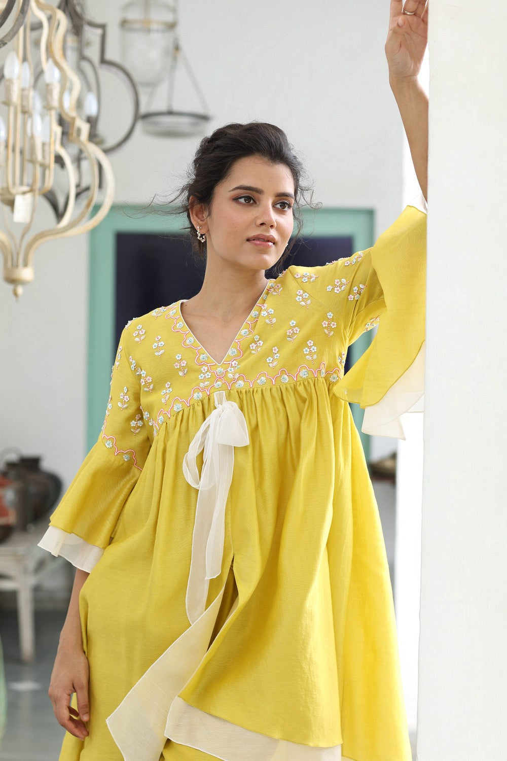 Yellow Double Layer Kurta Set For Women In Chanderi Fabric