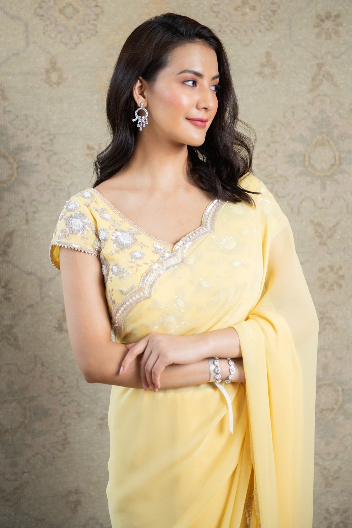 Spot-on Lime Saree | Ready to Wear Yellow Sequins Saree – Glamwiz India